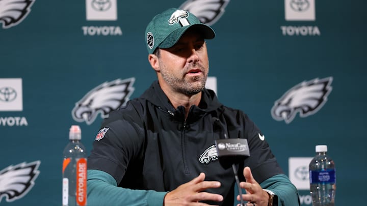 May 28, 2025; Philadelphia, PA, USA;  Philadelphia Eagles offensive coordinator Kevin Patullo speaks with the media at NovaCare Complex. Mandatory Credit: Bill Streicher-Imagn Images