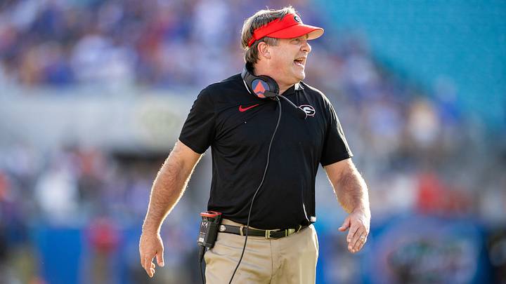 Georgia Bulldogs head coach Kirby Smart yells during the first half against the Florida Gators at Everbank Stadium in Jacksonville, FL on Saturday, October 28, 2023. [Matt Pendleton/Gainesville Sun]