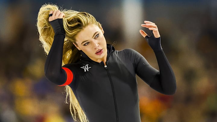 Sept. 11, 2024: Jutta Leerdam reacts after the 1000 meters on the final day of the World Cup qualifying.