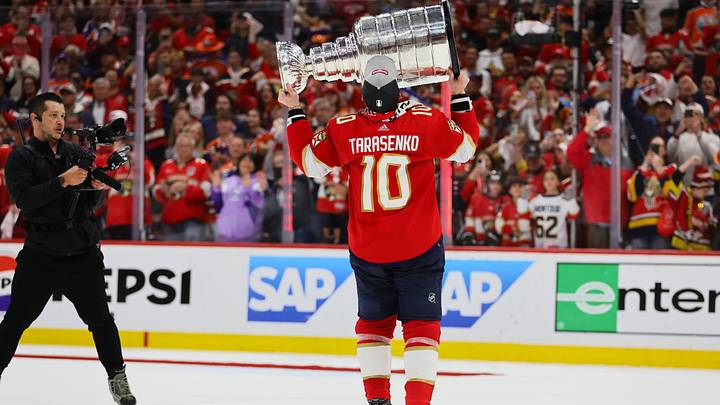 Jun 24, 2024; Sunrise, Florida, USA; Florida Panthers right wing Vladimir Tarasenko (10) kisses the cup after winning game seven of the 2024 Stanley Cup Final against the Edmonton Oilers at Amerant Bank Arena. Mandatory Credit: Sam Navarro-USA TODAY Sports