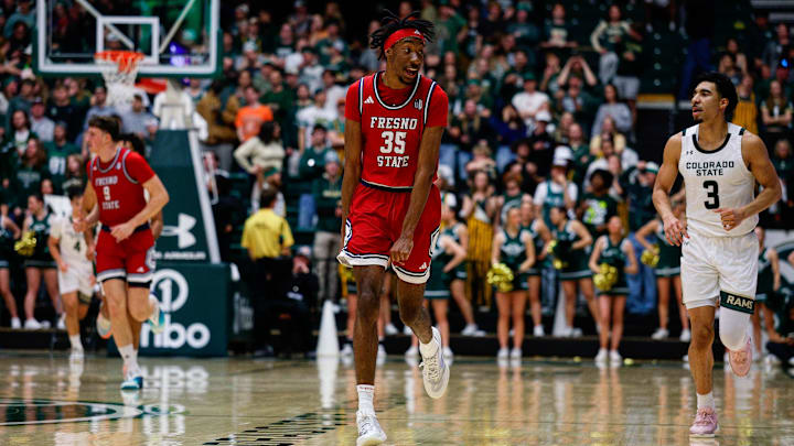 Feb 24, 2026; Fort Collins, Colorado, USA; Fresno State Bulldogs forward Deshawn Gory (35) reacts after a play in the second half against the Colorado State Rams at Moby Arena. Mandatory Credit: Isaiah J. Downing-Imagn Images