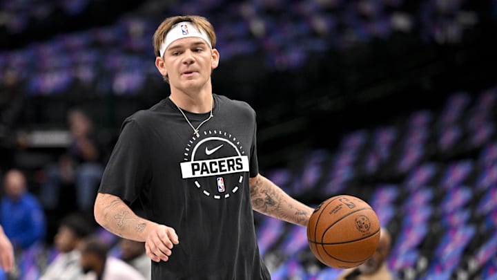 Oct 29, 2025; Dallas, Texas, USA; Indiana Pacers guard Mac McClung (3) warms up before the game against the Dallas Mavericks at the American Airlines Center. Mandatory Credit: Jerome Miron-Imagn Images