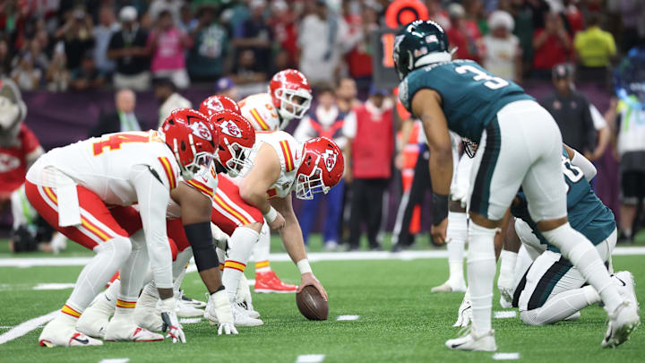 Feb 9, 2025; New Orleans, LA, USA; General view as the Kansas City Chiefs offense lines up against the Philadelphia Eagles defense in the first quarter in Super Bowl LIX at Ceasars Superdome. Mandatory Credit: Mark J. Rebilas-Imagn Images