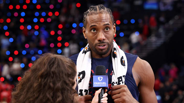 Los Angeles Clippers forward Kawhi Leonard speaks to media after a game.