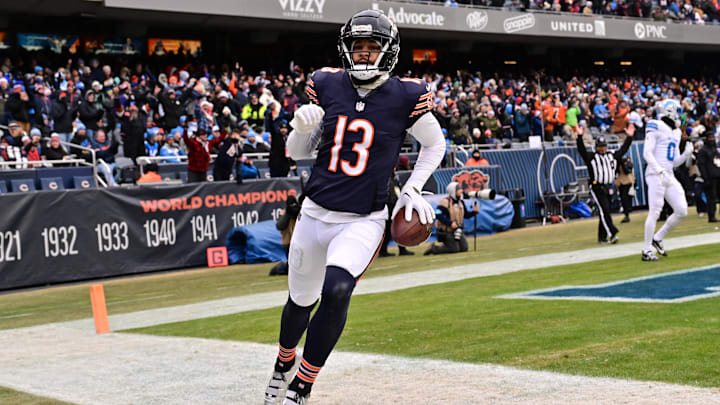 Dec 22, 2024; Chicago, Illinois, USA; Chicago Bears wide receiver Keenan Allen (13) reacts after a touchdown reception against the Detroit Lions during the second quarter at Soldier Field. Mandatory Credit: Daniel Bartel-Imagn Images