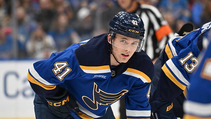 Apr 13, 2026; St. Louis, Missouri, USA; St. Louis Blues defenseman Theo Lindstein (41) looks on prior to a face off against the Minnesota Wild in the first period at Enterprise Center. Mandatory Credit: Joe Puetz-Imagn Images