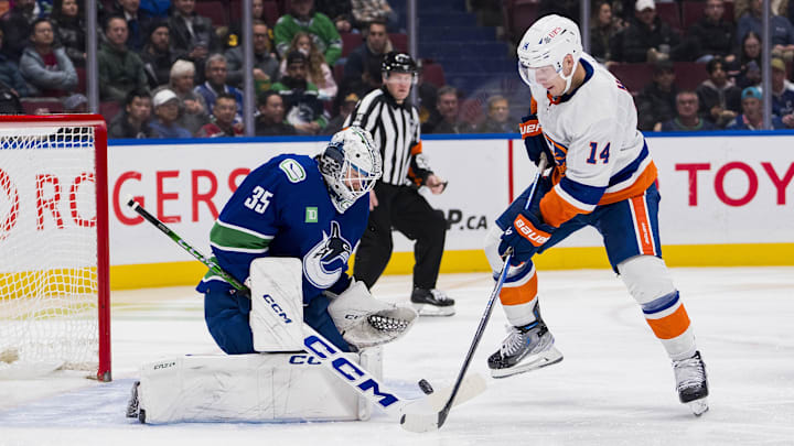 Nov 15, 2023; Vancouver, British Columbia, CAN; Vancouver Canucks goalie Thatcher Demko (35) makes a