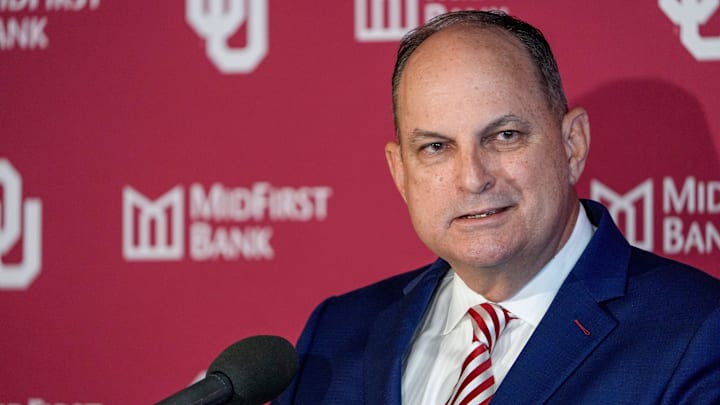 Oklahoma Athletic Director Joe Castiglione speaks during a press conference announcing his retirement on Tuesday.
