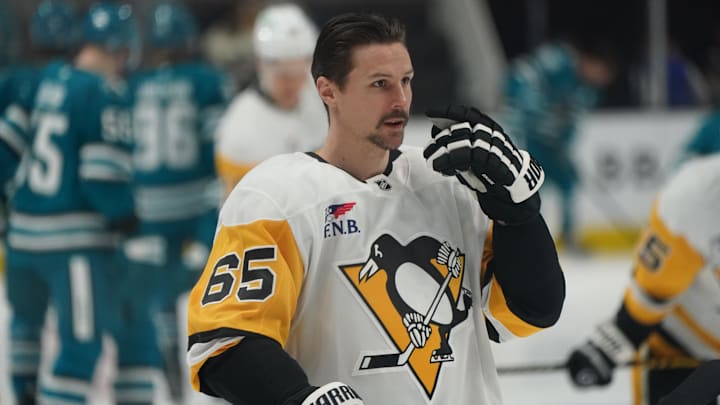 Jan 27, 2025; San Jose, California, USA; Pittsburgh Penguins defenseman Erik Karlsson (65) warms up before the game against the San Jose Sharks at SAP Center at San Jose. Mandatory Credit: David Gonzales-Imagn Images Jan 27, 2025; San Jose, California, USA; Pittsburgh Penguins defenseman Erik Karlsson (65) warms up before the game against the San Jose Sharks at SAP Center at San Jose. Mandatory Credit: David Gonzales-Imagn Images