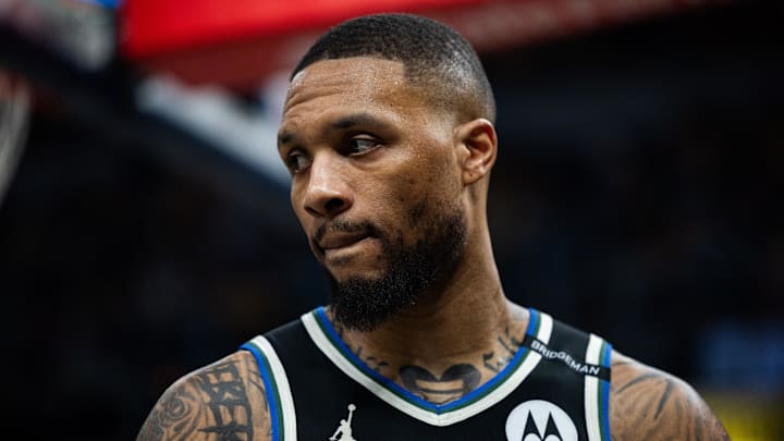 Apr 22, 2025; Indianapolis, Indiana, USA; Milwaukee Bucks guard Damian Lillard (0) during game two of first round for the 2024 NBA Playoffs against the Indiana Pacers at Gainbridge Fieldhouse. Mandatory Credit: Trevor Ruszkowski-Imagn Images
