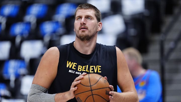 May 9, 2025; Denver, Colorado, USA; Denver Nuggets center Nikola Jokic (15) before the game against the Oklahoma City Thunder during game three of the second round for the 2025 NBA Playoffs at Ball Arena. Mandatory Credit: Ron Chenoy-Imagn Images