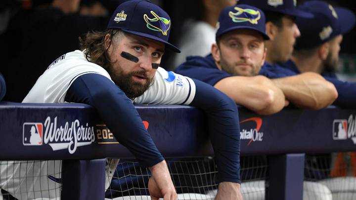 Oct 26, 2026: Tampa Bay Rays outfielder Ryan Vilade (26) looks on from the dugout during the ninth inning in game three of the 2026 World Series against the Milwaukee Brewers at Tropicana Field.  Credit: Kim Klement Neitzel-Imagn Images