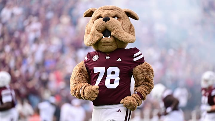 Aug 31, 2024; Starkville, Mississippi, USA; Mississippi State Bulldogs mascot Bully runs onto the field before the game against the Eastern Kentucky Colonels at Davis Wade Stadium at Scott Field. Mandatory Credit: Matt Bush-Imagn Images