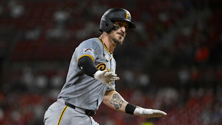 St. Louis, Missouri, USA;  Pittsburgh Pirates catcher Yasmani Grandal (6) reacts as he runs the bases after hitting a game tying solo home run against the St. Louis Cardinals during the seventh inning at Busch Stadium.