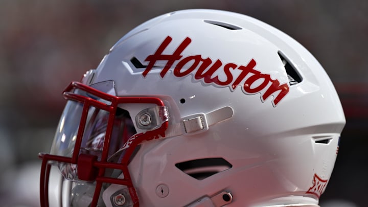 A detail view of a Houston Cougars helmet on the sideline during the first half against the Arizona Wildcats at TDECU Stadium. A detail view of a Houston Cougars helmet on the sideline during the first half against the Arizona Wildcats at TDECU Stadium.