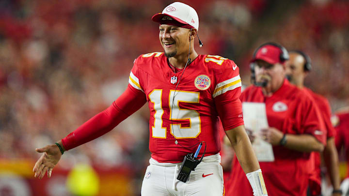 Aug 22, 2025; Kansas City, Missouri, USA; Kansas City Chiefs quarterback Patrick Mahomes (15) reacts after a touchdown during the second half against the Chicago Bears at GEHA Field at Arrowhead Stadium. Mandatory Credit: Jay Biggerstaff-Imagn Images