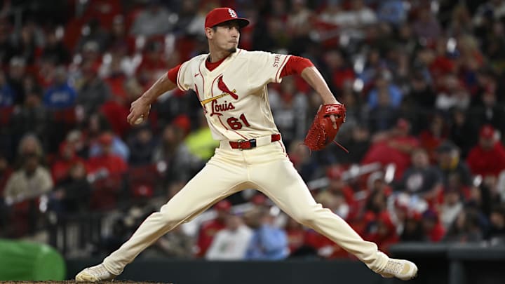 May 2, 2026; St. Louis, Missouri, USA; St. Louis Cardinals relief pitcher Riley O'Brien (61) delivers a pitch against the Los Angeles Dodgers in the ninth inning at Busch Stadium. Mandatory Credit: Joe Puetz-Imagn Images