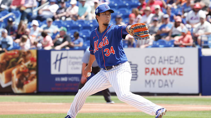 Kodai Senga of New York Mets throws pitch against Kodai Senga of New York Mets throws pitch against