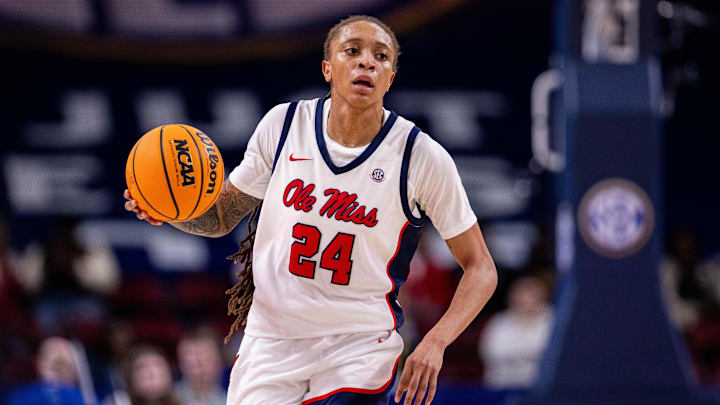 Mar 6, 2025; Greenville, SC, USA; Ole Miss Rebels guard Madison Scott (24) brings the ball up court against the Mississippi State Bulldogs at Bon Secours Wellness Arena. Mandatory Credit: Scott Kinser-Imagn Images