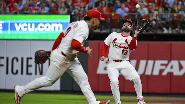 Jun 5, 2025; St. Louis, Missouri, USA; St. Louis Cardinals right fielder Ryan Vilade (13) catches a fly ball in foul territory against the Kansas City Royals during the sixth inning at Busch Stadium. Mandatory Credit: Jeff Curry-Imagn Images Jun 5, 2025; St. Louis, Missouri, USA; St. Louis Cardinals right fielder Ryan Vilade (13) catches a fly ball in foul territory against the Kansas City Royals during the sixth inning at Busch Stadium. Mandatory Credit: Jeff Curry-Imagn Images
