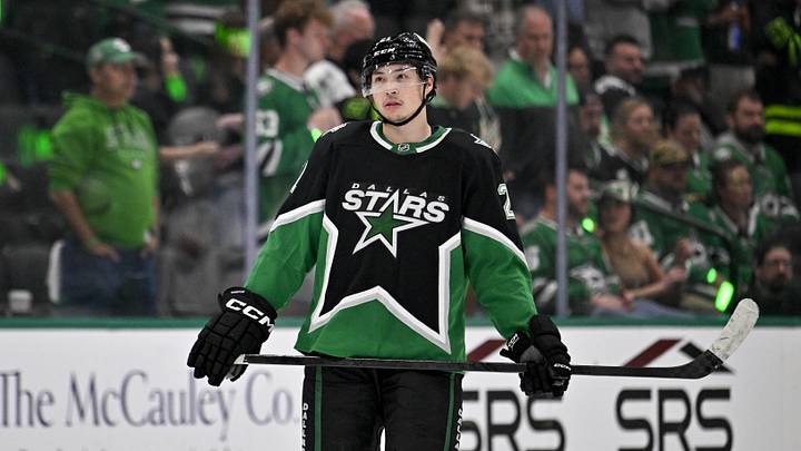 Apr 28, 2026; Dallas, Texas, USA; Dallas Stars left wing Jason Robertson (21) looks on during the third period against the Minnesota Wild in game five of the first round of the 2026 Stanley Cup Playoffs at American Airlines Center. Mandatory Credit: Jerome Miron-Imagn Images