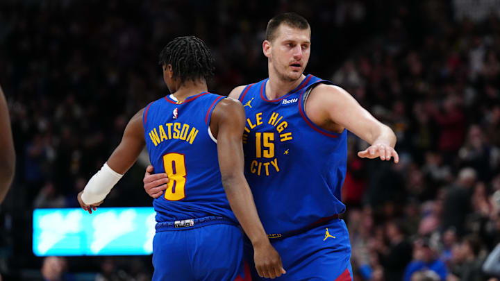 Mar 5, 2024; Denver, Colorado, USA; Denver Nuggets forward Peyton Watson (8) and center Nikola Jokic (15)