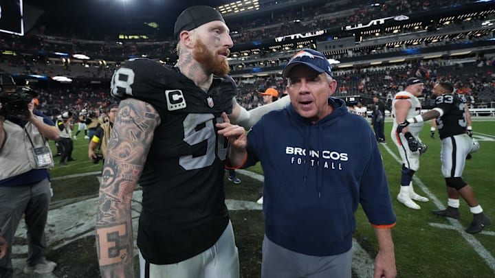 Dec 7, 2025; Paradise, Nevada, USA;  Las Vegas Raiders defensive end Maxx Crosby (98) and Denver Broncos head coach Sean Payton meet on the field following a game at Allegiant Stadium. Mandatory Credit: Kirby Lee-Imagn Images