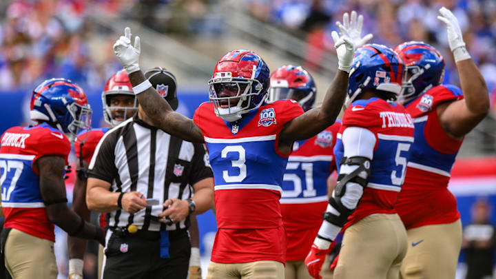 Sep 8, 2024; East Rutherford, New Jersey, USA; New York Giants cornerback Deonte Banks (3) reacts during the second half against the Minnesota Vikings at MetLife Stadium.  