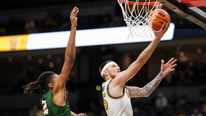Nov 14, 2024; Columbia, Missouri, USA; Missouri Tigers guard Jacob Crews (35) shoots the ball against Mississippi Valley State Delta Devils forward Darrion Salery (22) during the second half at Mizzou Arena. Mandatory Credit: Jay Biggerstaff-Imagn Images