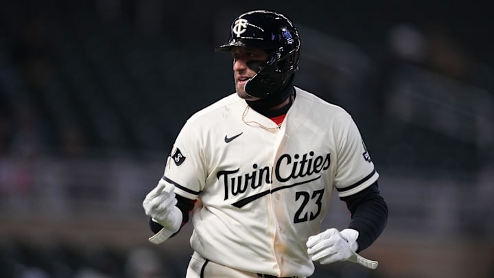 Apr 7, 2026; Minneapolis, Minnesota, USA; Minnesota Twins third baseman Royce Lewis (23) reacts after being walked during the eighth inning against the Detroit Tigers at Target Field. Mandatory Credit: Jordan Johnson-Imagn Images