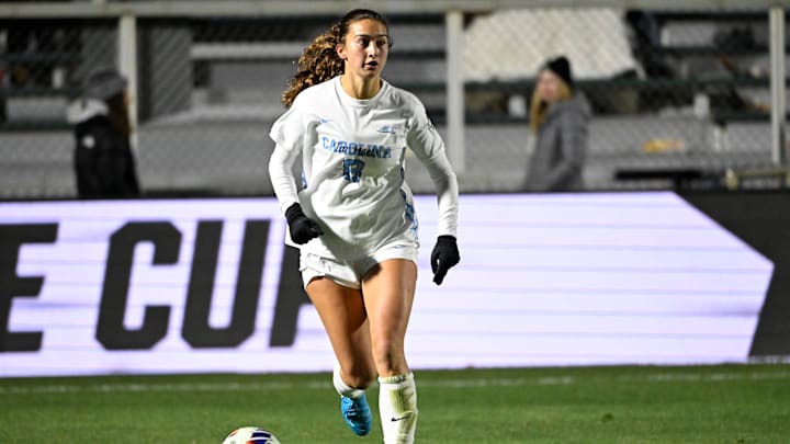 Dec 6, 2024; Cary, NC, USA; North Carolina midfielder Bella Gaetino (8) dribbles in the second half at WakeMed Soccer Park. Mandatory Credit: Bob Donnan-Imagn Images
