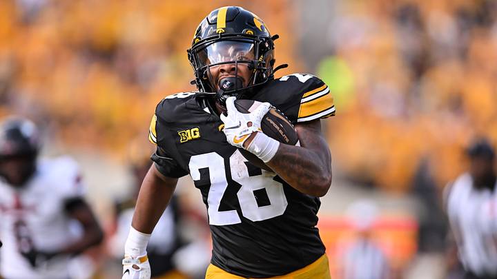 Sep 5, 2026; Iowa City, Iowa, USA;  Iowa Hawkeyes running back Kamari Moulton (28) runs for a 66-yard touchdown against the Northern Illinois Huskies during the first quarter at Kinnick Stadium.  Mandatory Credit: Jeffrey Becker-Imagn Images