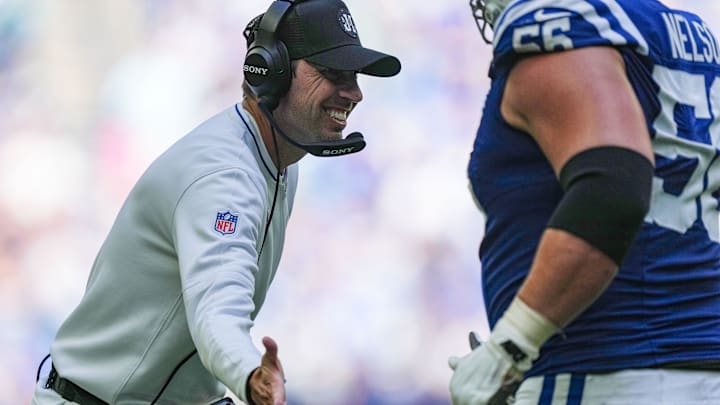 Sep 7, 2025; Indianapolis, Indiana, USA: Indianapolis Colts head coach Shane Steichen high-fives Indianapolis Colts guard Quenton Nelson (56) in the game against the Miami Dolphins at Lucas Oil Stadium. Mandatory Credit: Grace Hollars-USA TODAY Network via Imagn Images
