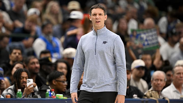 Oct 27, 2025; Dallas, Texas, USA; Oklahoma City Thunder head coach Mark Daigneault looks on during the second half against the Dallas Mavericks at the American Airlines Center. Mandatory Credit: Jerome Miron-Imagn Images
