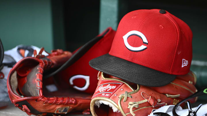 Jul 23, 2025; Washington, District of Columbia, USA; General view of Cincinnati Reds hat during the game against the Washington Nationals at Nationals Park. Mandatory Credit: Brad Mills-Imagn Images