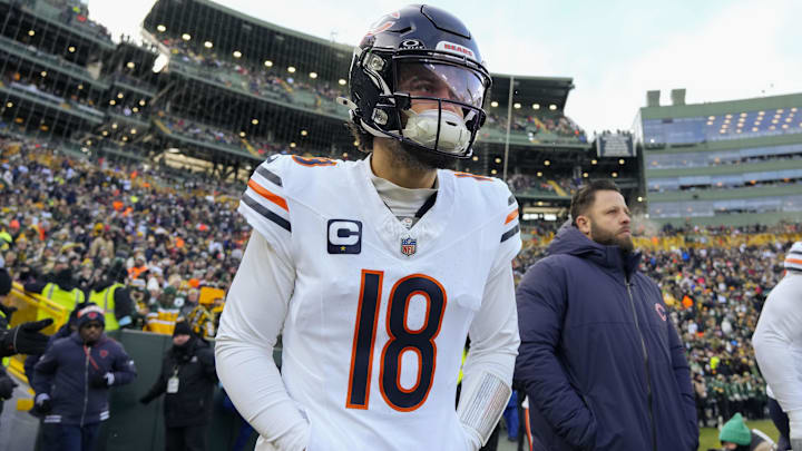 Jan 5, 2025; Green Bay, Wisconsin, USA;  Chicago Bears quarterback Caleb Williams (18) prior to the game against the Green Bay Packers at Lambeau Field. Mandatory Credit: Jeff Hanisch-Imagn Images