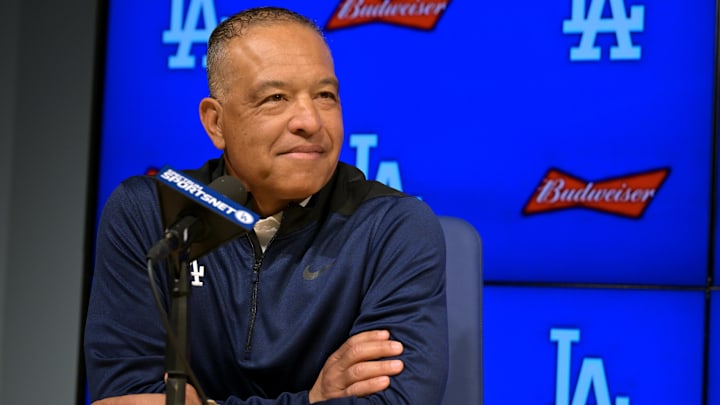Jan 21, 2026; Los Angeles, CA, USA;  Los Angeles Dodgers manager Dave Roberts (30) answers questions during a news conference at Dodger Stadium. Mandatory Credit: Jayne Kamin-Oncea-Imagn Images