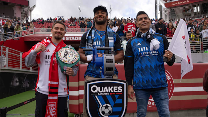 May 4, 2024; Santa Clara, California, USA;  (l to r) WBC Silver Featherweight Title Holder Ruben Villa , San Francisco 49ers linebacker Fred Warner (54) and Mexican NT and Chivas retired goalkeeper Oswaldo Sanchez pose for a photo before the start of the matchup between the San Jose Earthquakes and the Los Angeles FC at Levi's Stadium. Mandatory Credit: Stan Szeto-Imagn Images