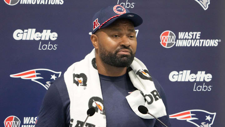 Oct 18, 2024; London, United Kingdom; New England Patriots coach Jerod Mayo at press conference at the Harrow School. Mandatory Credit: Kirby Lee-Imagn Images