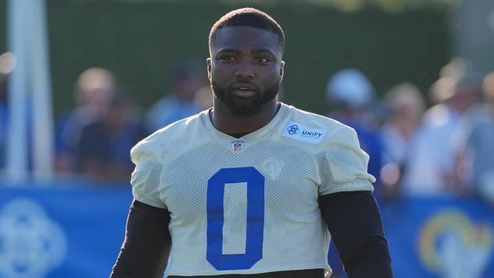 Jul 23, 2025; Los Angeles, CA, USA; Los Angeles Rams linebacker Byron Young (0) during training camp at Loyola Marymount University. Mandatory Credit: Kirby Lee-Imagn Images