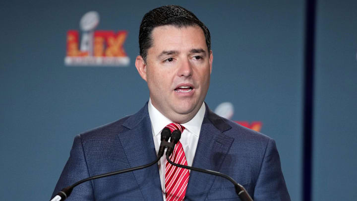 Feb 10, 2025; New Orleans, LA, USA; San Francisco 49ers chief executive officer Jed York at the Super Bowl LIX host committee handoff press conference. Mandatory Credit: Kirby Lee-Imagn Images