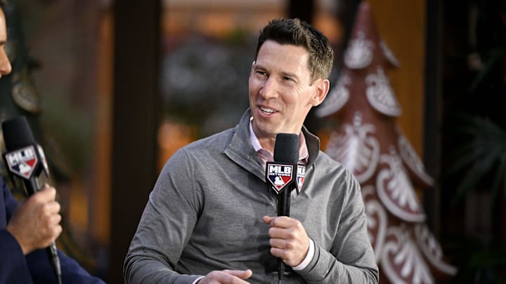 Dec 9, 2024; Dallas, TX, USA; Boston Red Sox chief baseball officer Craig Breslow speaks with the media 
at the Hilton Anatole during the 2024 MLB Winter Meetings. Mandatory Credit: Jerome Miron-Imagn Images
