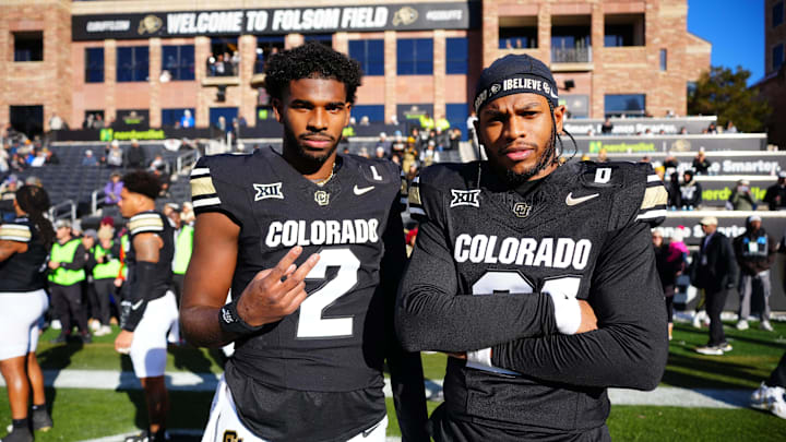 Colorado Buffaloes quarterback Shedeur Sanders and safety Shilo Sanders before the game against the Oklahoma State Cowboys.