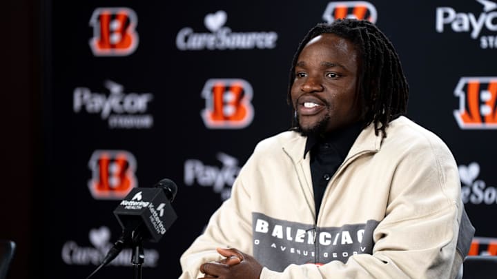 Bengals defensive end Boye Mafe speaks to the media during a press conference at Paycor Stadium in Cincinnati on Thursday, March 12, 2026.