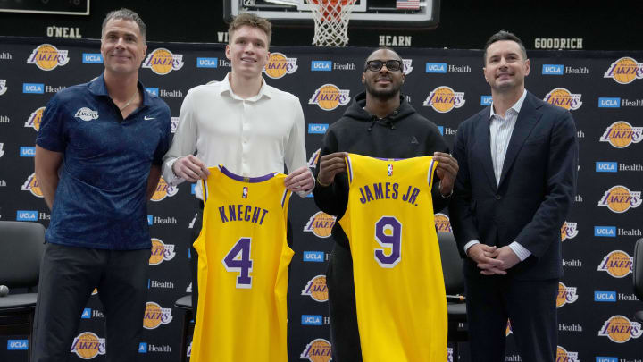 The Lakers officially introduced 2024 draft picks Dalton Knecht and Bronny James at the UCLA Health Training Center on Tuesday. The Lakers officially introduced 2024 draft picks Dalton Knecht and Bronny James at the UCLA Health Training Center on Tuesday.