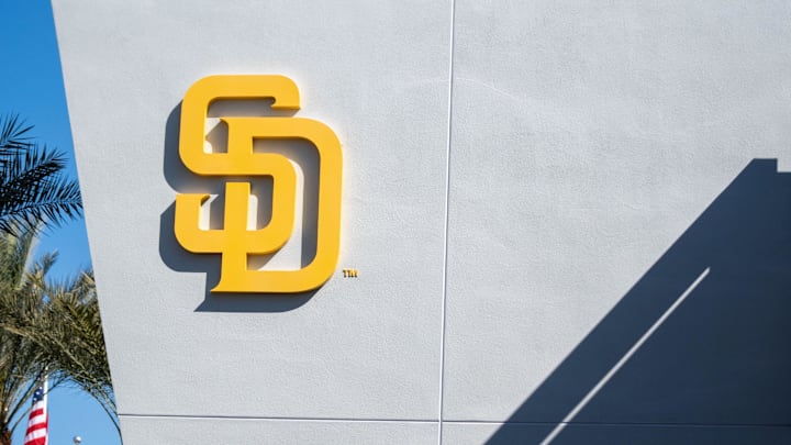 Feb 18, 2024; Peoria, AZ, USA; A general view of the San Diego Padres logo and clubhouse during a workout day at Peoria Sports Complex. Mandatory Credit: Allan Henry-Imagn Images Feb 18, 2024; Peoria, AZ, USA; A general view of the San Diego Padres logo and clubhouse during a workout day at Peoria Sports Complex. Mandatory Credit: Allan Henry-Imagn Images