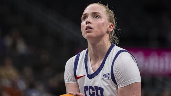 TCU Horned Frogs guard Hailey Van Lith (10) shoots a free throw against the West Virginia Mountaineers during the first half at T-Mobile Center.