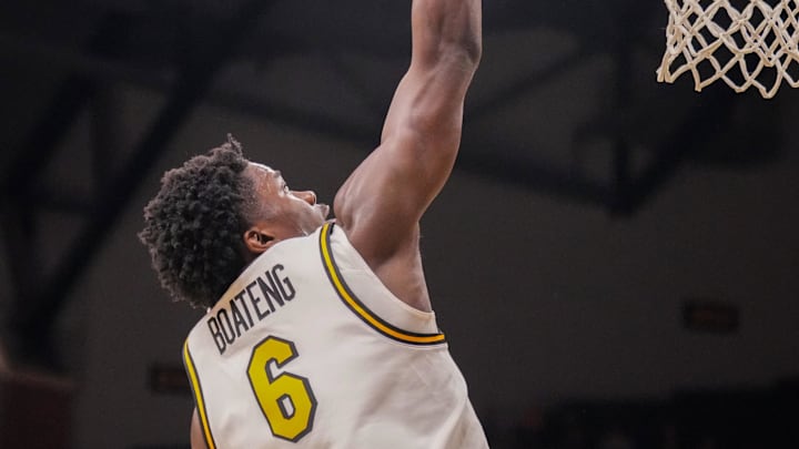Nov 8, 2024; Columbia, Missouri, USA; Missouri Tigers guard Annor Boateng (6) shoots a layup against the Howard Bison during the first half at Mizzou Arena. Mandatory Credit: Denny Medley-Imagn Images