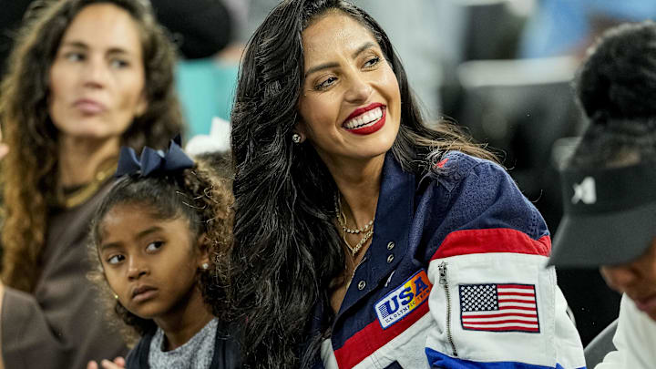 Vanessa Bryant and her family watch a women's basketball semifinal game during the Paris 2024 Olympic Summer Games at Accor Arena.