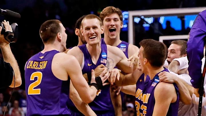 Mar 18, 2016; Oklahoma City, OK, USA; Northern Iowa Panthers guard Paul Jesperson (4) celebrates with teammates after making the game winning shot to defeat the Texas Longhorns during the first round of the 2016 NCAA Tournament at Chesapeake Energy Arena. The Northern Iowa Panthers beat the Texas Longhorns 75-72. Mandatory Credit: Kevin Jairaj-Imagn Images Mar 18, 2016; Oklahoma City, OK, USA; Northern Iowa Panthers guard Paul Jesperson (4) celebrates with teammates after making the game winning shot to defeat the Texas Longhorns during the first round of the 2016 NCAA Tournament at Chesapeake Energy Arena. The Northern Iowa Panthers beat the Texas Longhorns 75-72. Mandatory Credit: Kevin Jairaj-Imagn Images